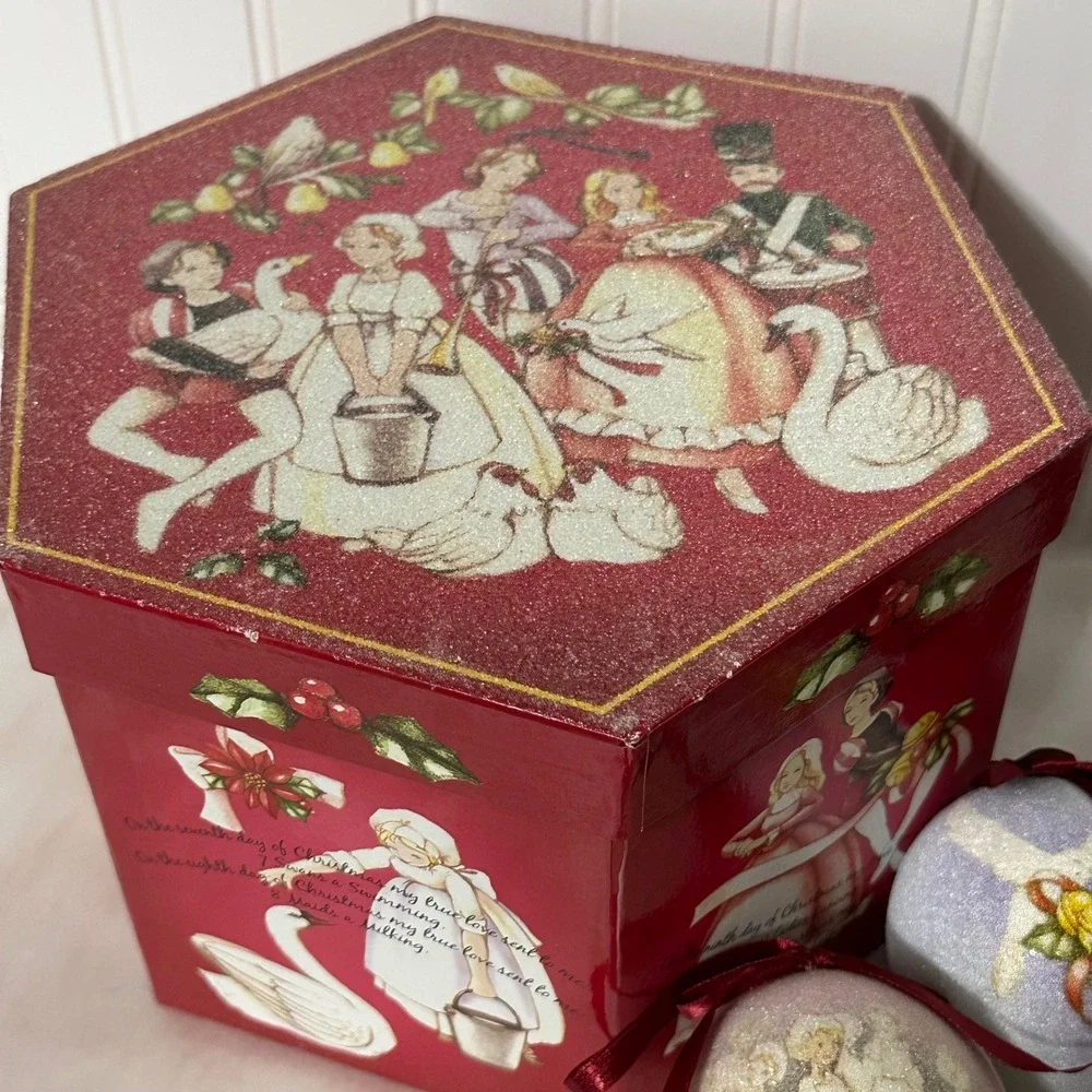 12 Days of Christmas Sugar Ball Ornament Set Excellent Glittered‎ Red Boxed 12pc